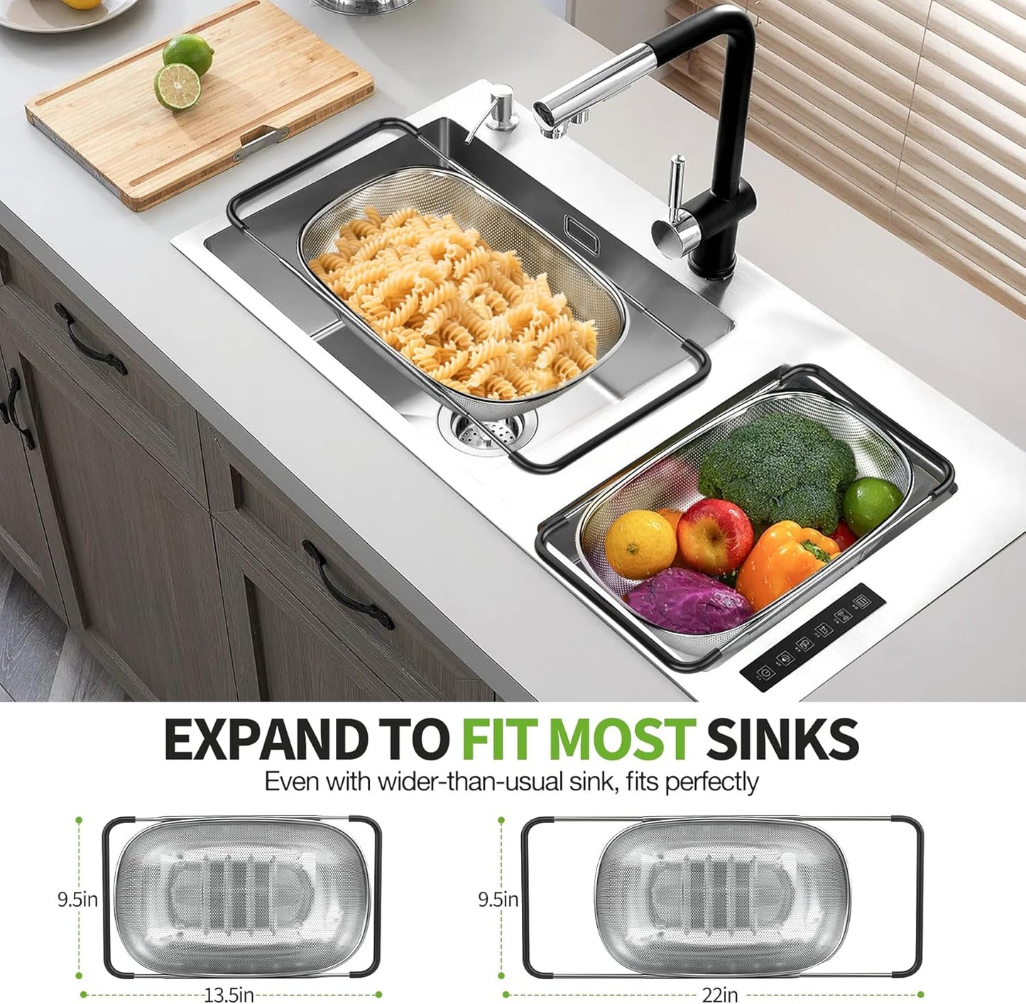 FirstE Over the Sink Colander Strainer Basket 6 Quart, Fine Mesh Stainless Steel Colander with Expandable Anti-slip Rubber Grip Handles, Kitchen Sink Vegetable Strainer for Drain Pasta, Rinse Fruits