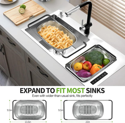 FirstE Over the Sink Colander Strainer Basket 6 Quart, Fine Mesh Stainless Steel Colander with Expandable Anti-slip Rubber Grip Handles, Kitchen Sink Vegetable Strainer for Drain Pasta, Rinse Fruits