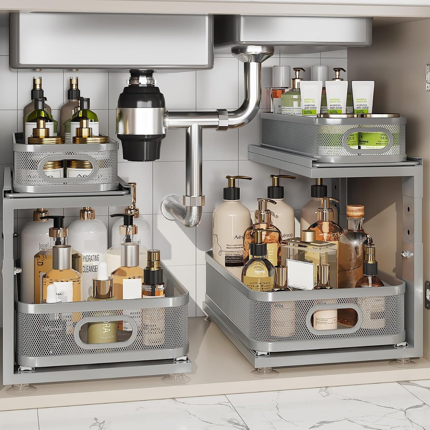2 Pack 18.5IN-Depth Under Sink Organizer With Next-Gen Ball-Bearing Slides,2-Tier Precision Mesh Pull Out Cabinet Storage for Bathroom&Kitchen,Height Adjustable Drawers Shelf,Anti-rust-White
