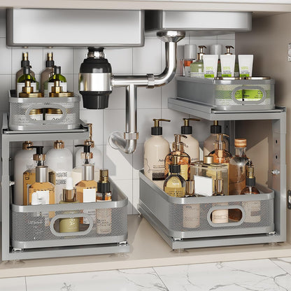 2 Pack 18.5IN-Depth Under Sink Organizer With Next-Gen Ball-Bearing Slides,2-Tier Precision Mesh Pull Out Cabinet Storage for Bathroom&Kitchen,Height Adjustable Drawers Shelf,Anti-rust-White