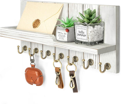 Rebee Vision Decorative Key Holder Wall Mount - Rustic Key Holder for Wall with Shelf and Mail Organizer for Living Room Decor - Home Essentials for Home Improvement (Brown, 3.54" x 10" x 7.28")