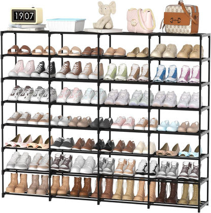 3 Row 4 Tier Long Shoe Rack, Black Metal Stackable Shoe Shelf with Multifunctional Hooks, Shoe Storage Hold 24-30 Pairs, Space Saving Shoe Organizer for Closet,Wide Shoe Rack