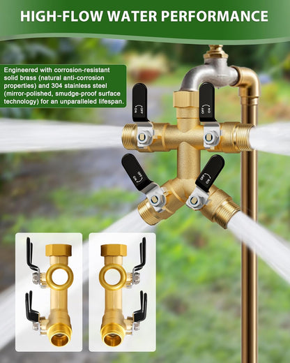 Hose Splitter 2 Way, Heavy Duty Brass Garden Hose Splitter, Water Hose Bib Spigot Splitter with 0.59" Full Flow Ball Valve Outlet & Shut-Off Valve 3/4'' Connector Outdoor Water Faucet Adapter