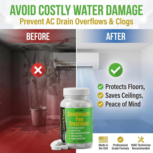 QwikTreat AC Pan Tablets & HVAC Drain Line Cleaner | Condensate Drain Pan Treatment Tabs | Remove Air Conditioner Pipe Clogs, Algae, & Control Odors for Effective Maintenance (100 Tabs)