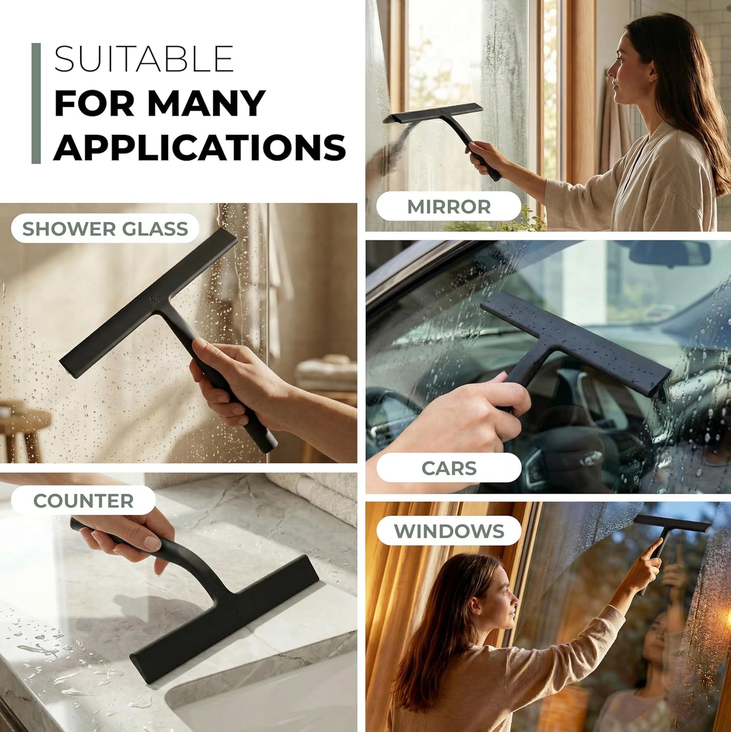 GÜTEWERK Silicone Shower Squeegee for Glass Doors & Mirrors with Stainless Steel Core, Streak-Free & No-Squeak Window Cleaning, 3-in-1 No-Drill Mount (Hook/Suction/Adhesive),White, 9 Inches