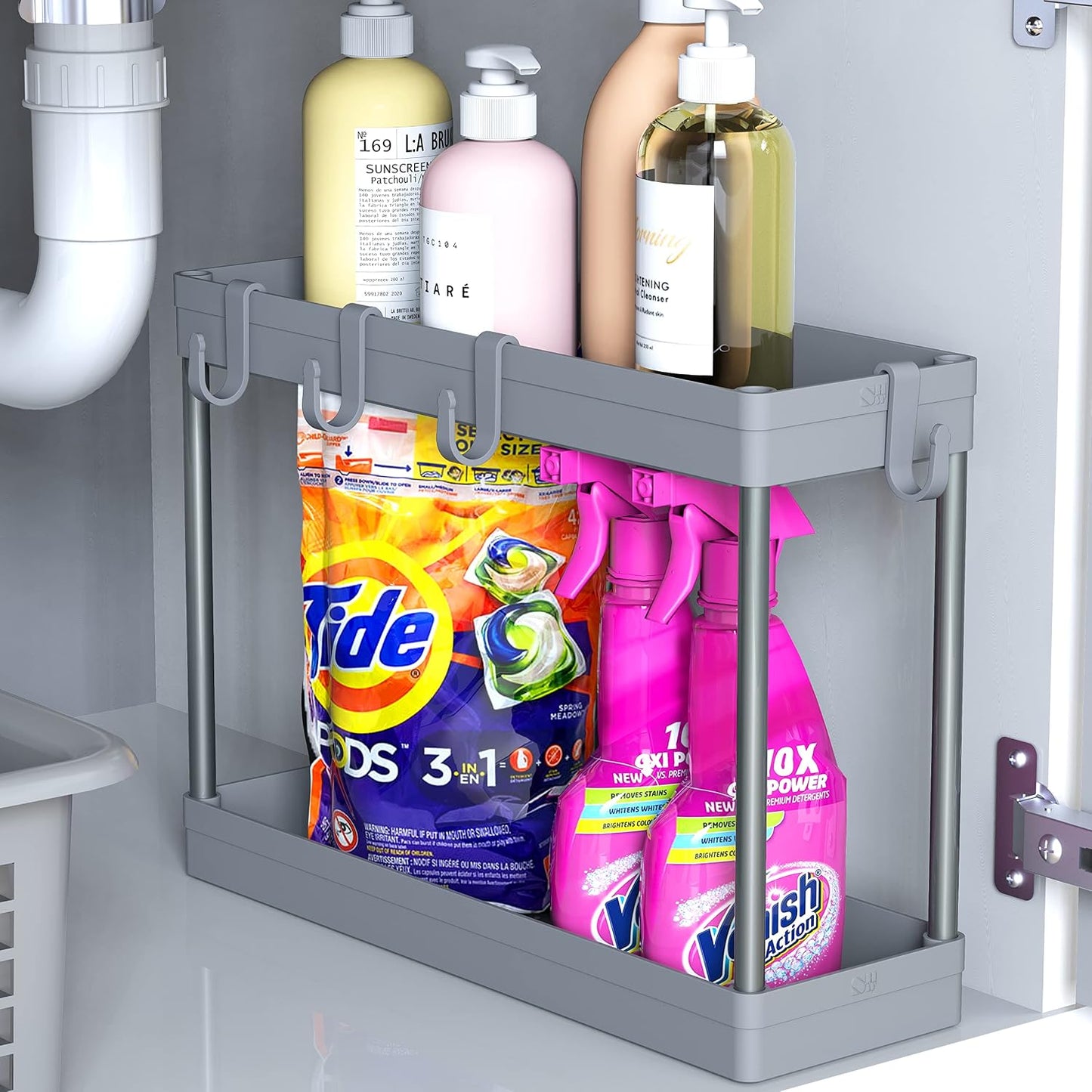 Simple Houseware 2-Tier Under Sink Organizer Storage Tray with Hooks, White
