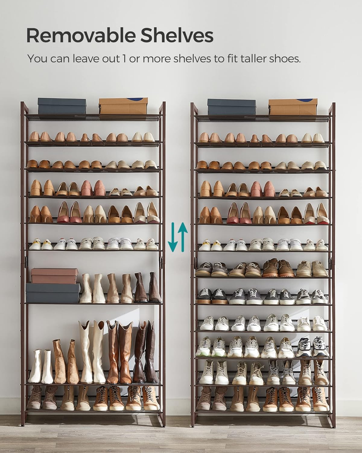 SONGMICS Shoe Rack, 12-Tier Shoe Organizer, Metal Shoe Storage for Garage, Entryway, Set of 2 6-Tier Stackable Shoe Shelf, with Adjustable Flat or Angled Shelves, Holds 48-60 Pairs, Black ULMR12B