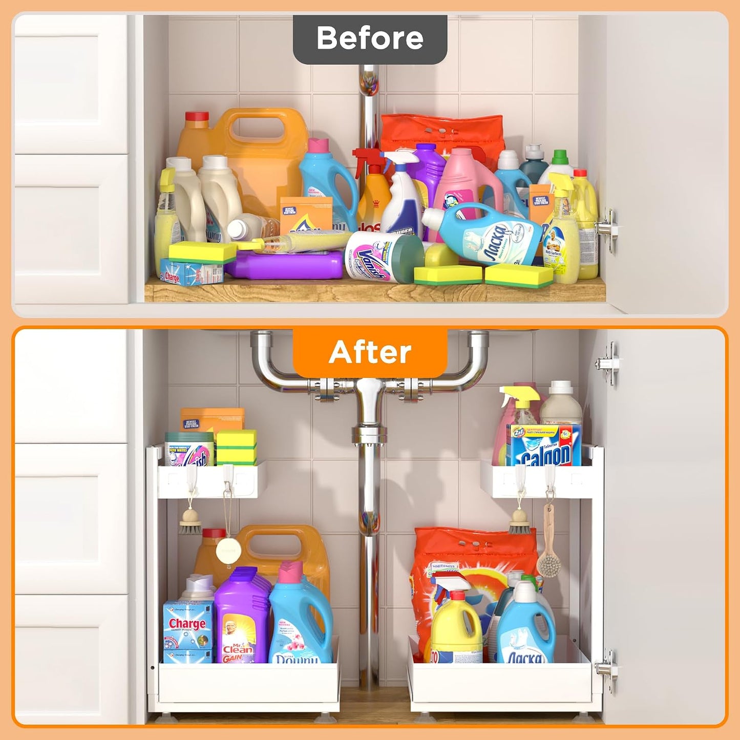 TATAANTY Under Sink Organizer, L-Shaped Metal 2-Tier Double Pull-Out Drawer for Kitchen & Bathroom Cabinets, Adjustable Height Storage - 50lbs Heavy Duty Waterproof 2PCS Height Adjustable