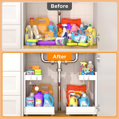 TATAANTY Under Sink Organizer, L-Shaped Metal 2-Tier Double Pull-Out Drawer for Kitchen & Bathroom Cabinets, Adjustable Height Storage - 50lbs Heavy Duty Waterproof 2PCS Height Adjustable