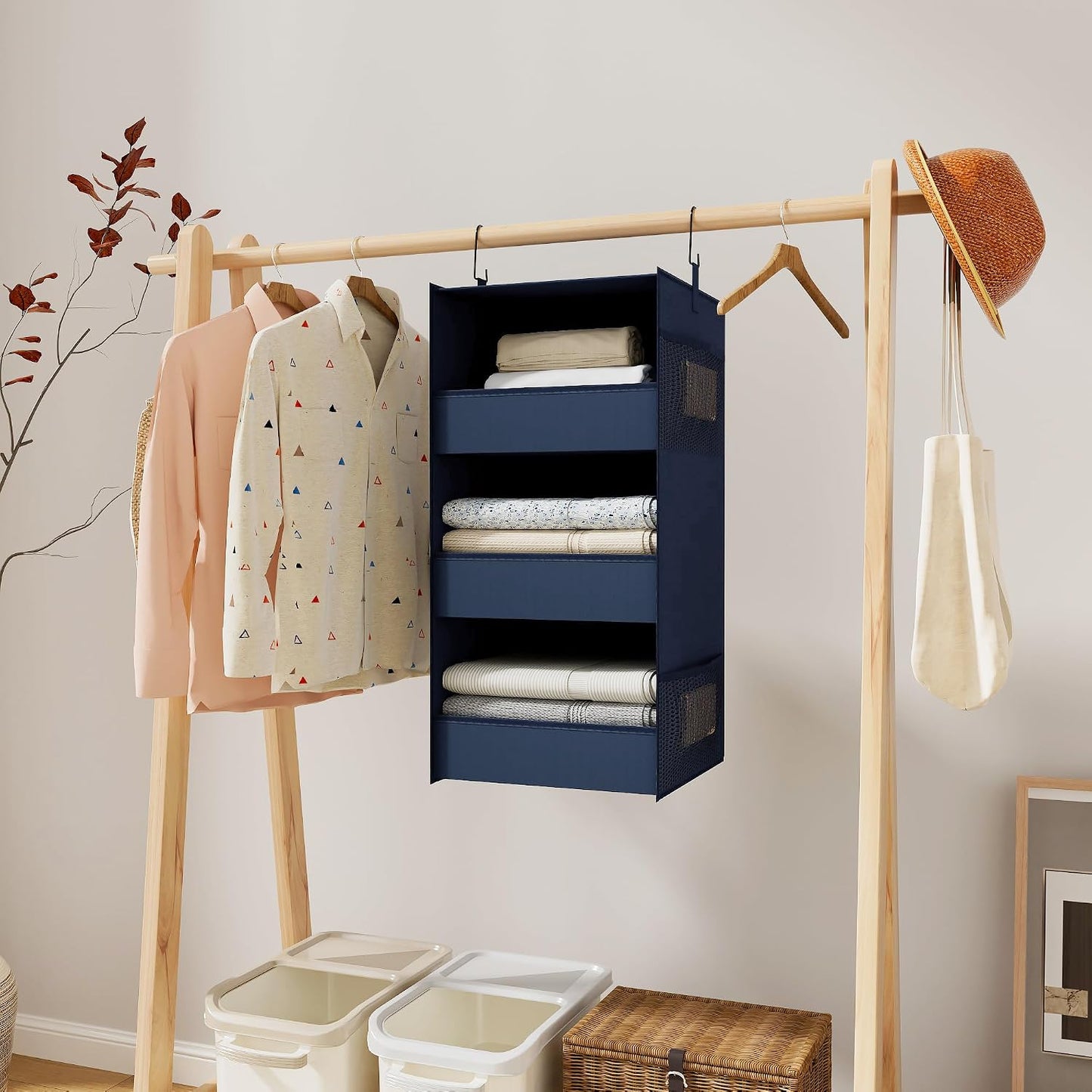 3-Shelf Hanging Closet Organizer, Washable Foldable Storage, Dark Gray | Front lip keeps items secure; side pockets add room; Oxford fabric handles towels, shirts, baby items, dorms, RVs or travel.