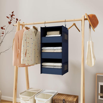 3-Shelf Hanging Closet Organizer, Washable Foldable Storage, Dark Gray | Front lip keeps items secure; side pockets add room; Oxford fabric handles towels, shirts, baby items, dorms, RVs or travel.