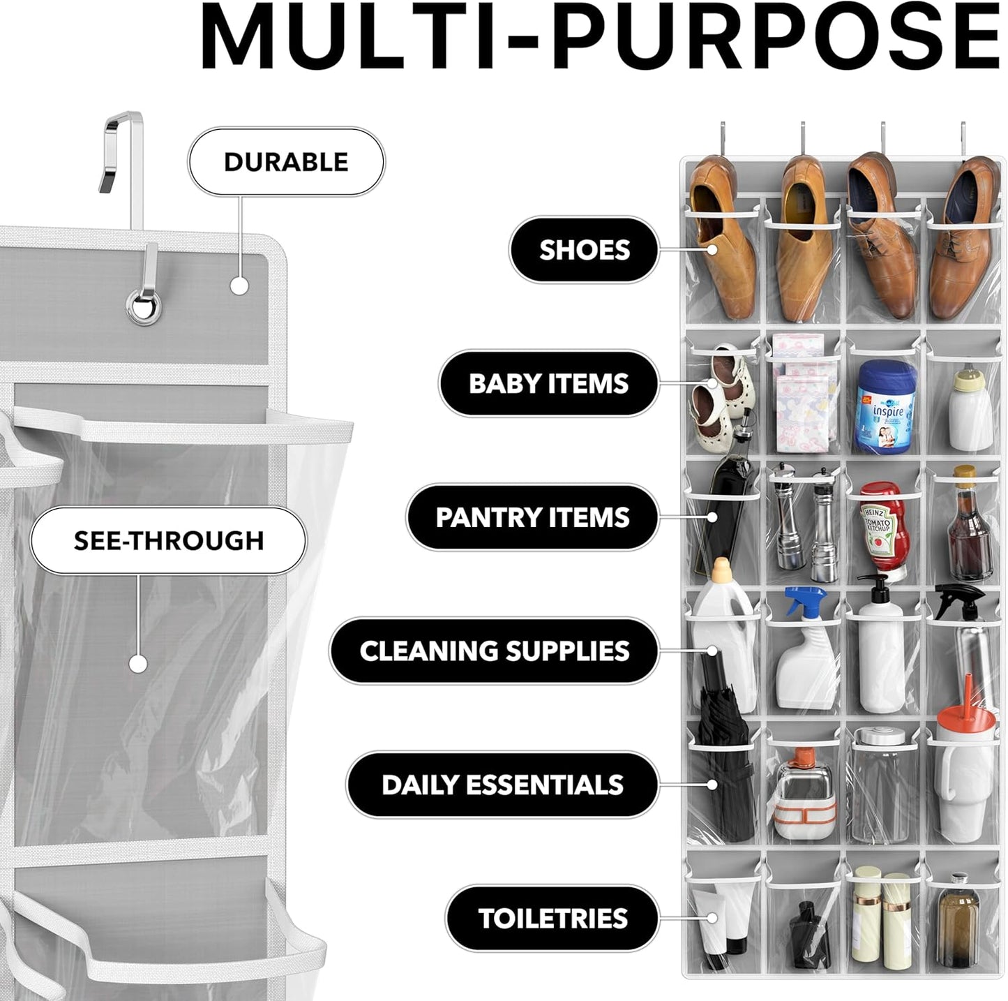 Simple Houseware 24 Pockets - Crystal Clear Over The Door Hanging Shoe Organizer, Gray (64'' x 19'')