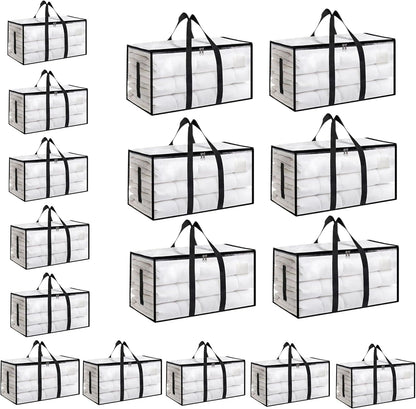 8 Pack-Extra Large Heavy Duty Moving Bags - Waterproof Storage Totes with Handles & Zippers, Foldable for College Dorm, Storage (Clear)