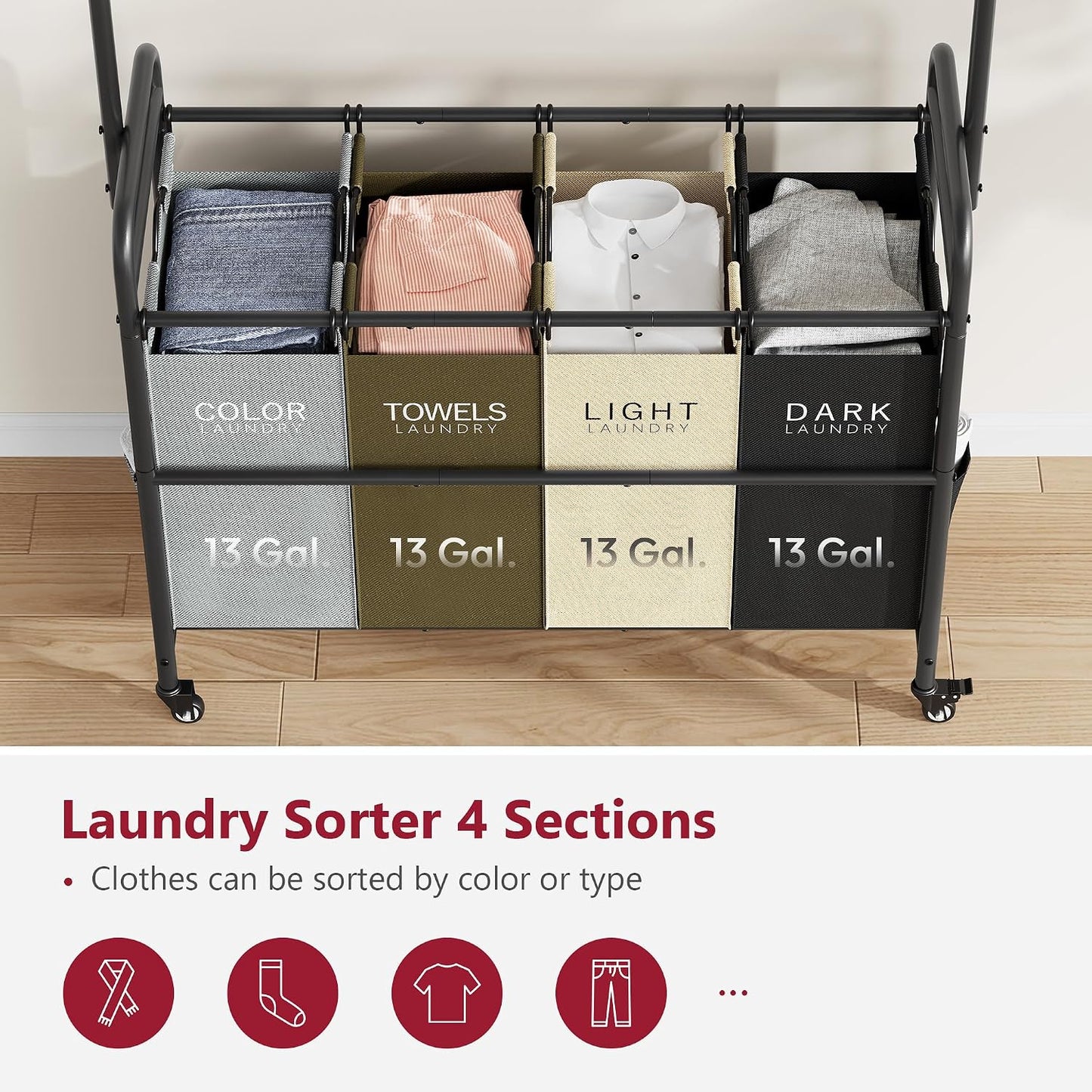 Tajsoon Laundry Hamper with Hanging Rack, 3 Section Laundry Sorter with Heavy Duty Lockable Wheels, Laundry Basket Organizer for Dirty Clothes Storage, 3 Beige