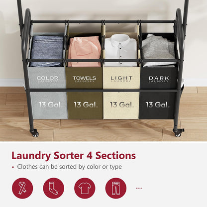 Tajsoon Laundry Hamper with Hanging Rack, 3 Section Laundry Sorter with Heavy Duty Lockable Wheels, Laundry Basket Organizer for Dirty Clothes Storage, 3 Beige