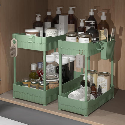 Sevenblue 2 Pack Under Sink Organizer, Under Bathroom Cabinet Organizer with Hooks Hanging Cup, Multi-Purpose Storage Shelf for Kitchen Bathroom, Black