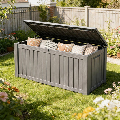 Fancyango 75 Gallon Outdoor Deck Box Waterproof, Large Storage Box for Patio, Resin Storage Bench Lockable for Garden Tools, Package Delivery, Black
