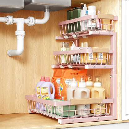 PXRACK Under Sink Organizer, 3-Tier 2-Pack Adjustable Height Pull Out Under Cabinet Organizer, Slide Out Thickened Metal Under Sink Storage for Kitchen Bathroom Laundry Pantry Organization, Black