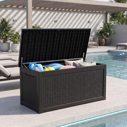 MAKINO 152 Gallon Resin Outdoor Storage Box, Waterproof Deck Box with Lockable Lid, Outside Storage Box for Patio Furniture, Pool Accessories, Garden Tools, Storage Bench for Backyard, Porch, Black