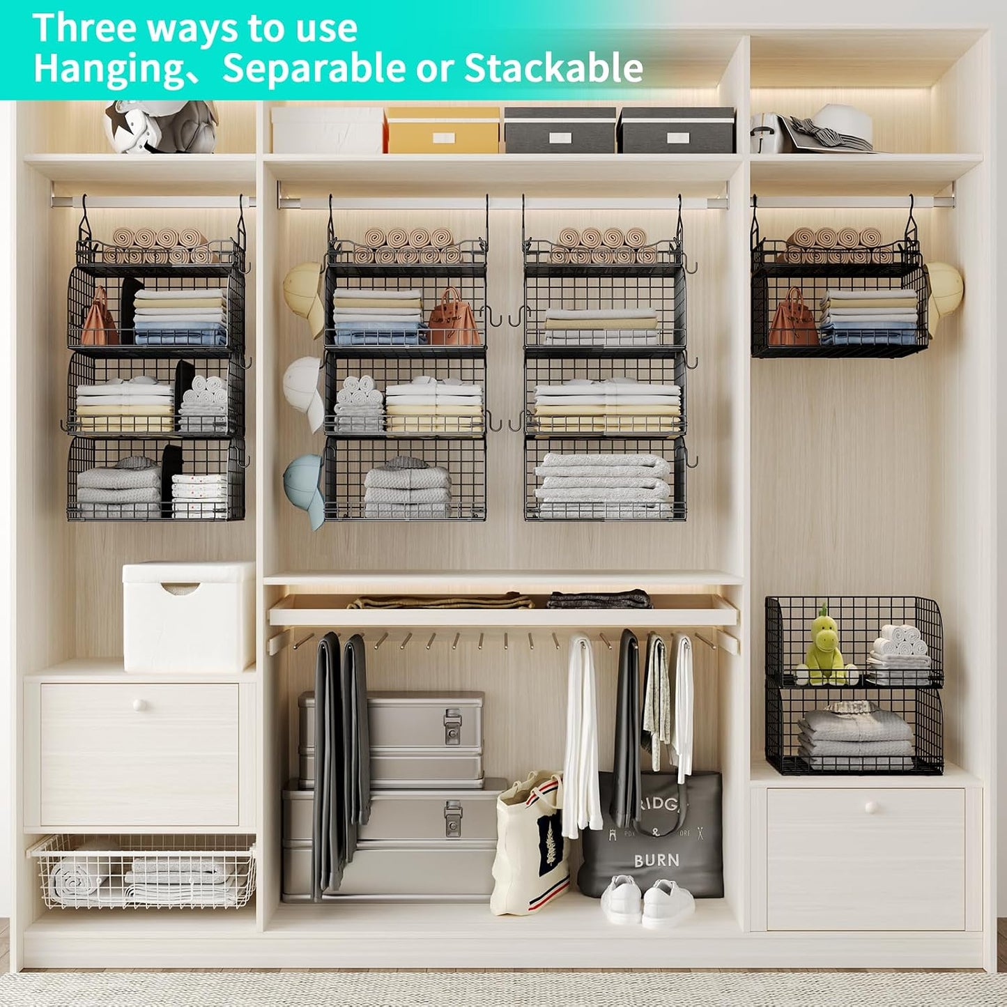 HapiRm Hanging Closet Organizer Storage - 3 Tier Metal Stackable Hanging Closet Shelves with Dividers and S Hooks, Foldable Clothes Shelves for Clothes, Pants, Shoes, Coat, Hats Clutches Accessories