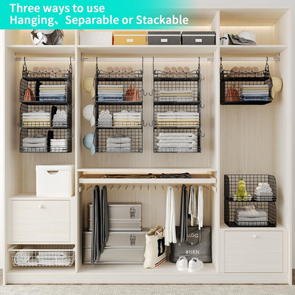 HapiRm Hanging Closet Organizer Storage - 3 Tier Metal Stackable Hanging Closet Shelves with Dividers and S Hooks, Foldable Clothes Shelves for Clothes, Pants, Shoes, Coat, Hats Clutches Accessories