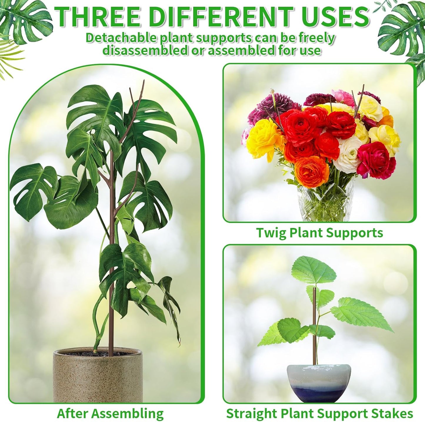 ROADPLUM 4 Pack 39.37" Detachable Twig Plant Support Stakes Set, Blends in to Plant, Branch Plant Sticks with Orchid Clips Twist Plant Ties, Twig Trellis for Indoor Outdoor Plants Potted Plants Flower