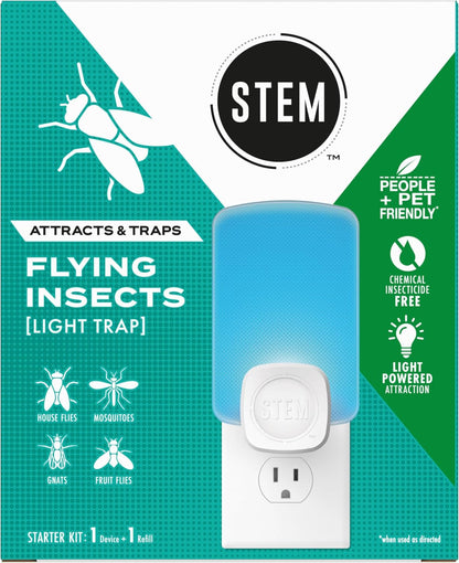 STEM Flying Insect Trap - Indoor Fruit Fly & Gnat Catcher for Home, Kitchen & Any Room, Attracts & Traps Bugs, Soft Blue UV Light - Includes 1 Plug-in Device & 1 Cartridge