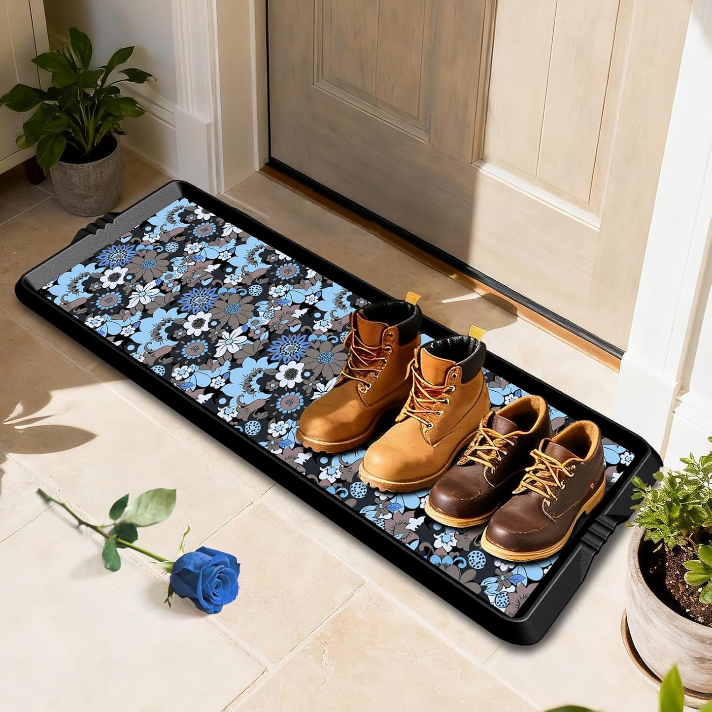 BEHERO Boot Tray Shoe Mat Decorative Patterned, Rubber Shoe Matt Tray Indoor/Outdoor Use, 16" x27.5" Shoe Cleaning Mat Non-Slip, Shoe Storage Waterproof Flower Prints for Entryway, Sunlit Blossom