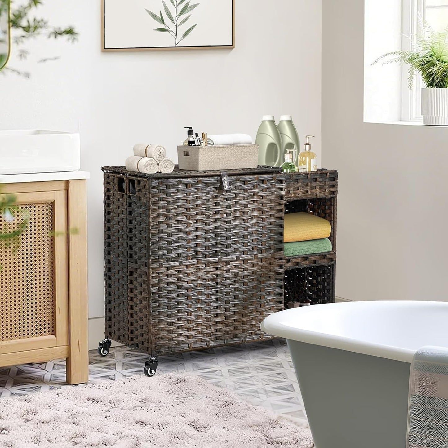 Laundry Hamper with Wheels, 42.3 Gal.(160 L) Laundry Sorter with Shelves, Rattan Clothes Hamper with 4 Removable Liners & 3 Mesh Bags, Handwoven Organizer for bedroom, bathroom, laundry room, Natural