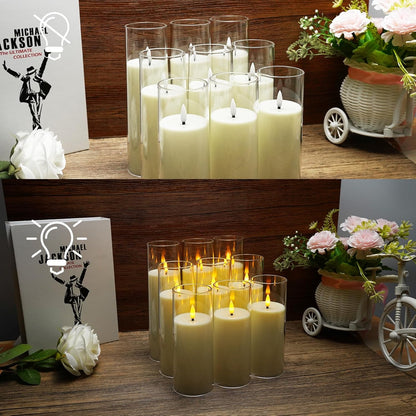 kakoya Flickering Flameless Candles Battery Operated with Remote and 2/4/6/8 H Timer Plexiglass Led Pillar Candles Pack of 9(D2.3 xH5.5 6.5" 7.5") with Realistic 3D Wick Candles for Home Decor(Ivory)