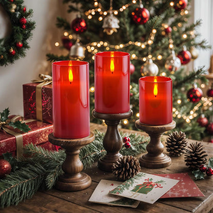 Homemory Green Glass Flameless Candles, Battery Operated LED Pillar Candles with Remote Control and Timer, Radiance Candles, Real Wax, Set of 3,D3 xH4 5" 6"
