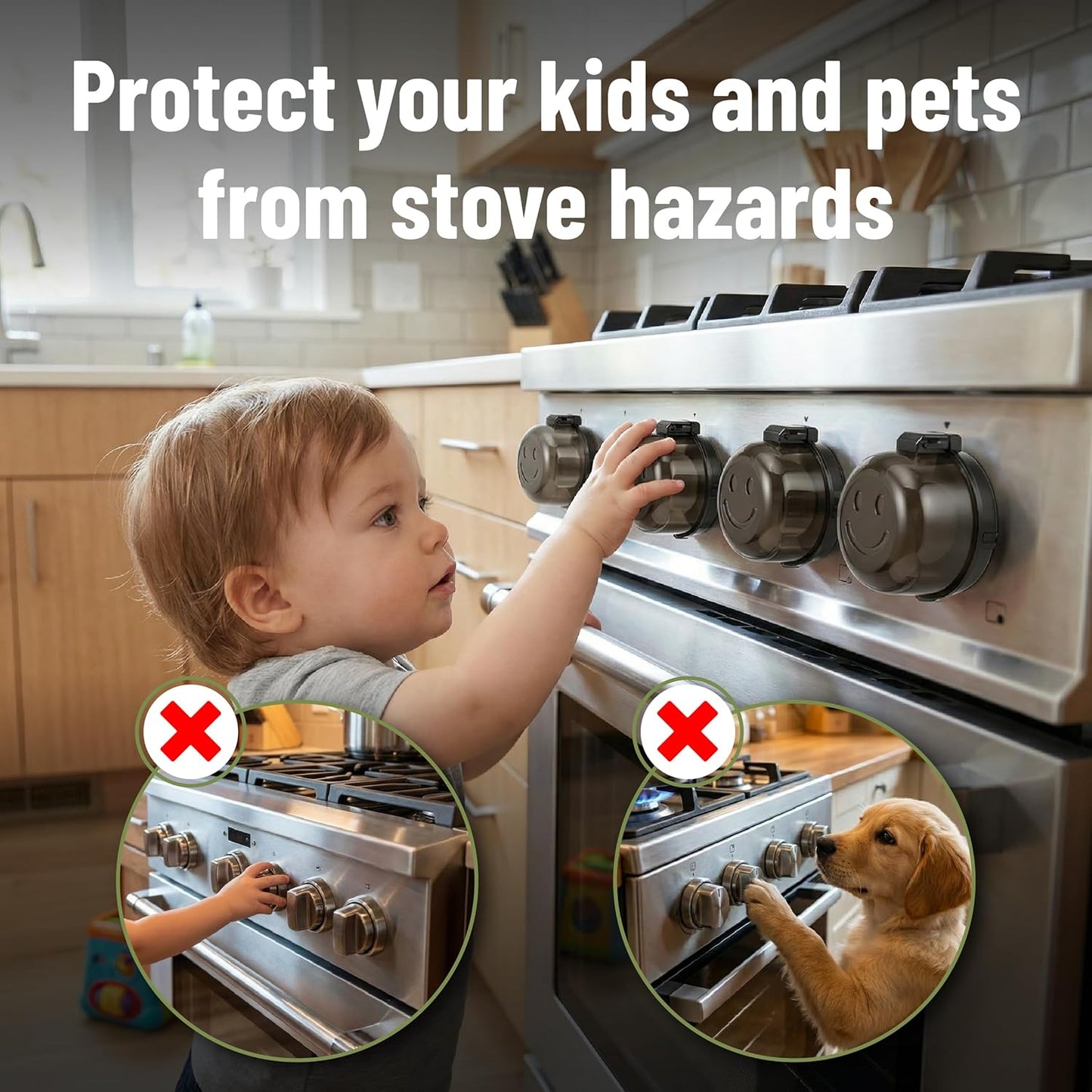 Bates- Stove Knob Safety Covers, Universal Size, 5 Pack, Black, Double Key Design, Heat Resistant Oven Knob Covers for Child Safety, Stove Guard Baby Proofing
