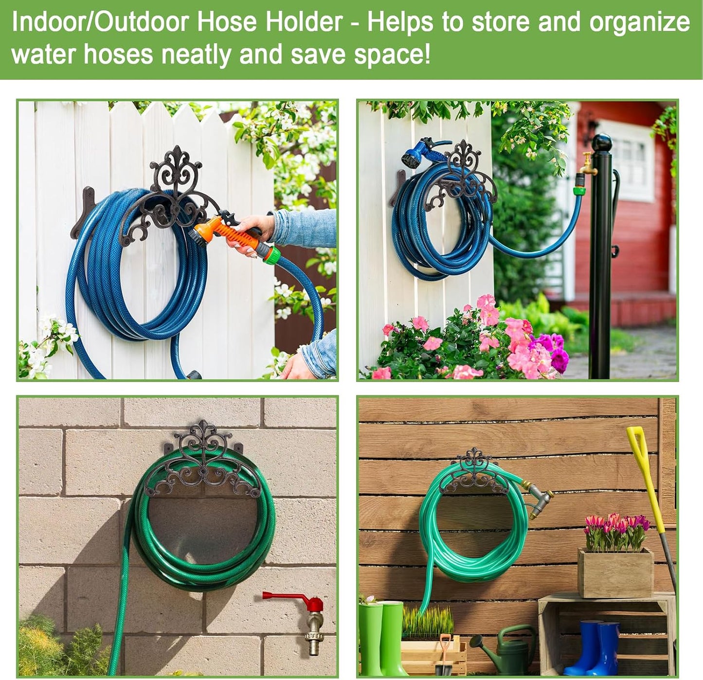 OwnMy Cast Iron Garden Hose Holder Heavy Duty Wall Mount Water Hose Reels Holder, Decorative Water Hose Hanger Garden Hose Storage Organizer Rack for Outdoor Lawn Yard, 10"L x 4.7"W x 6.5"H