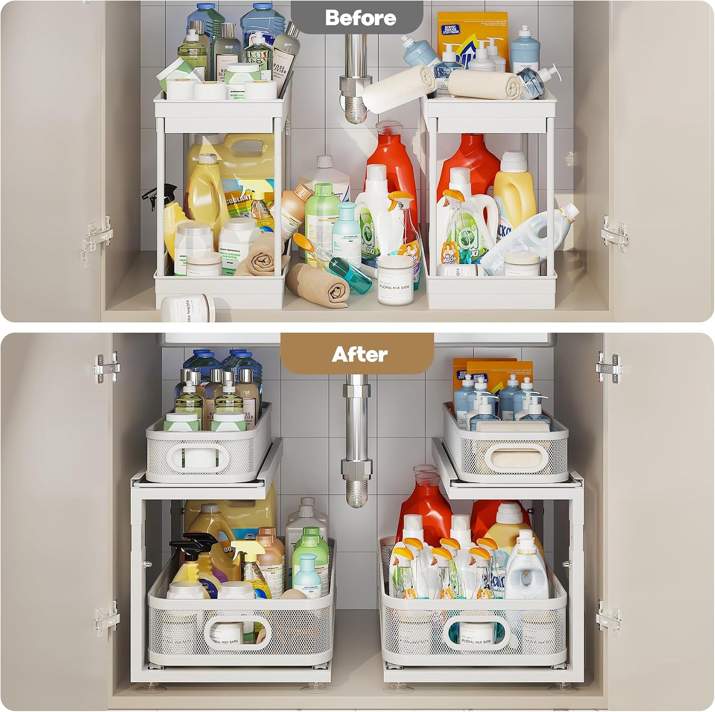 2 Pack 18.5IN-Depth Under Sink Organizer With Next-Gen Ball-Bearing Slides,2-Tier Precision Mesh Pull Out Cabinet Storage for Bathroom&Kitchen,Height Adjustable Drawers Shelf,Anti-rust-White