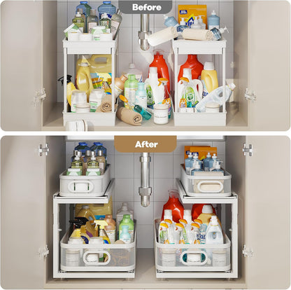 2 Pack 18.5IN-Depth Under Sink Organizer With Next-Gen Ball-Bearing Slides,2-Tier Precision Mesh Pull Out Cabinet Storage for Bathroom&Kitchen,Height Adjustable Drawers Shelf,Anti-rust-White
