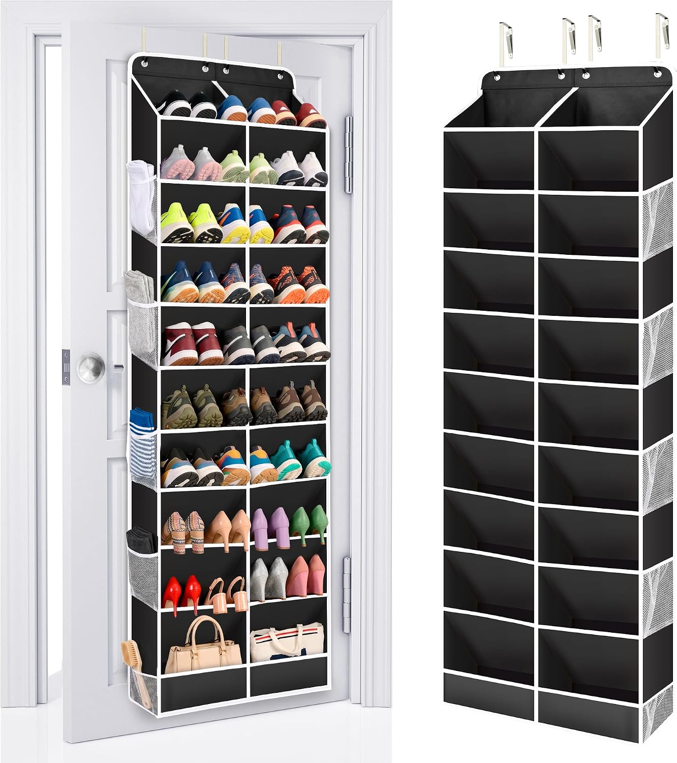 ULG Over The Door Shoe Organizer for Closet Fit 24-32 Pairs with Large Deep Pockets, Narrow Shoe Rack for Door Hanging Boots Storage, Black