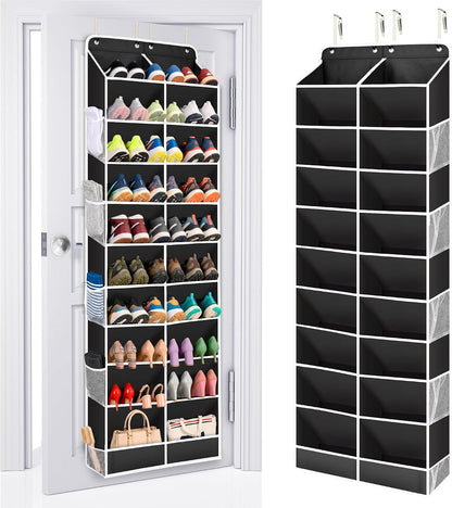 ULG Over The Door Shoe Organizer for Closet Fit 24-32 Pairs with Large Deep Pockets, Narrow Shoe Rack for Door Hanging Boots Storage, Black