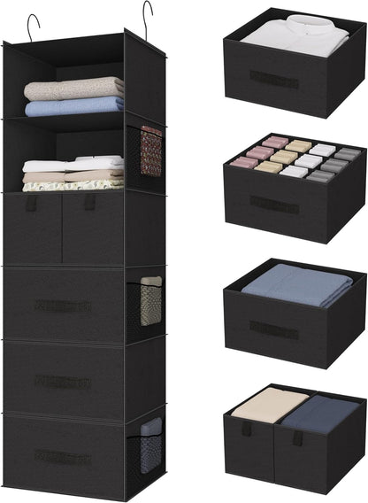 6-Shelf Hanging Closet Organizer with 5 Drawers, Non-Woven Storage, Black | Spacious compartments sort clothes & undergarments; foldable drawers add hidden storage for closets, wardrobes or RVs.