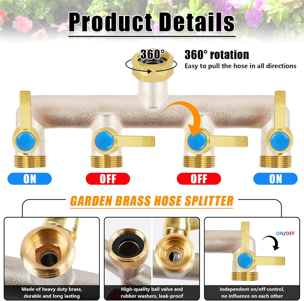 Upgraded Brass Garden Hose Splitter, 3/4" Hose Splitter 2 Way Heavy Duty with Extension Handles, Outdoor Faucet Splitter Water Spigot Splitter with Individual On/Off Valve