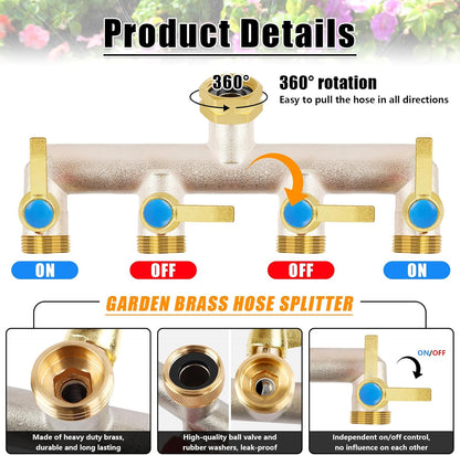 Upgraded Brass Garden Hose Splitter, 3/4" Hose Splitter 2 Way Heavy Duty with Extension Handles, Outdoor Faucet Splitter Water Spigot Splitter with Individual On/Off Valve