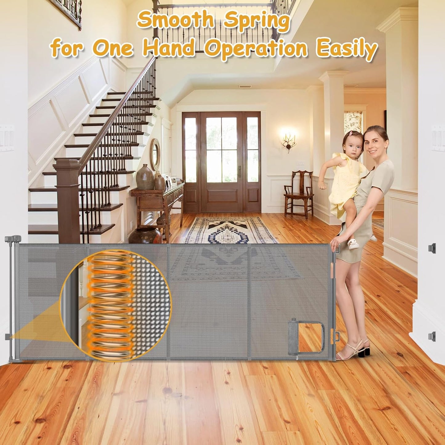 Reinforced 150” Extra Wide Pet Gate with Door 37 Inch Tall Retractable Dog Gates for Doorways Extra Wide Baby Gates for Large Openings with Reinforced Strips 12.5ft Large Dog Gate with Cat Door, White