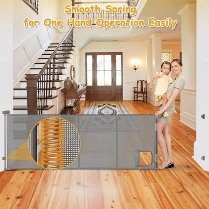 Reinforced 150” Extra Wide Pet Gate with Door 37 Inch Tall Retractable Dog Gates for Doorways Extra Wide Baby Gates for Large Openings with Reinforced Strips 12.5ft Large Dog Gate with Cat Door, White