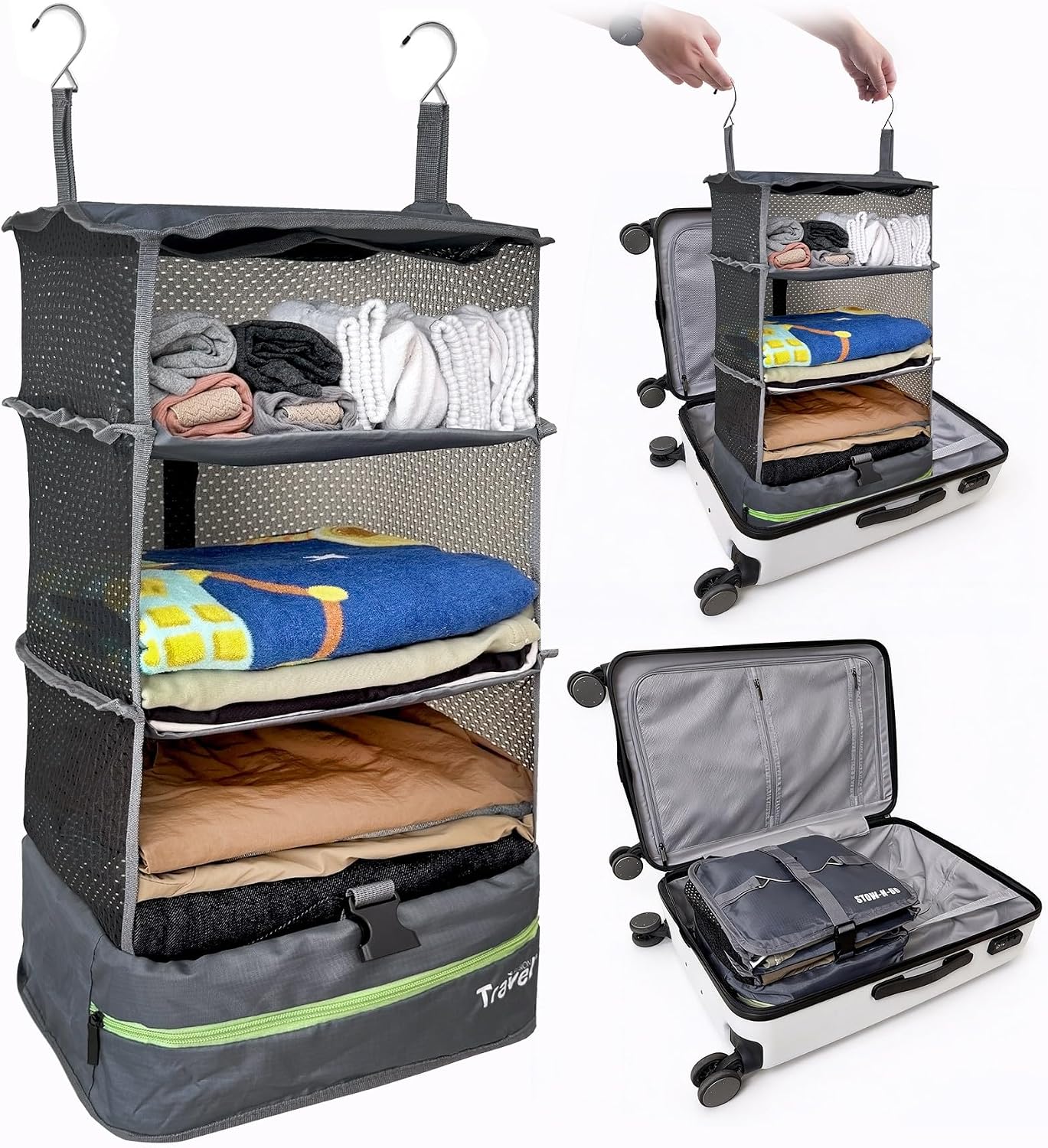 Grand Fusion Stow-N-Go Hanging Travel Shelves, Packing Organizer for Luggage. Carry on Closet for Suitcase. Expandable Packing Cube. Travel Essentials. (Black - L, L = (L) 11.8" x (W) 11.8")