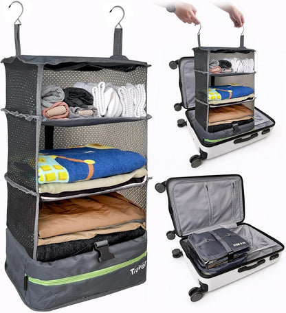 Grand Fusion Stow-N-Go Hanging Travel Shelves, Packing Organizer for Luggage. Carry on Closet for Suitcase. Expandable Packing Cube. Travel Essentials. (Black - L, L = (L) 11.8" x (W) 11.8")