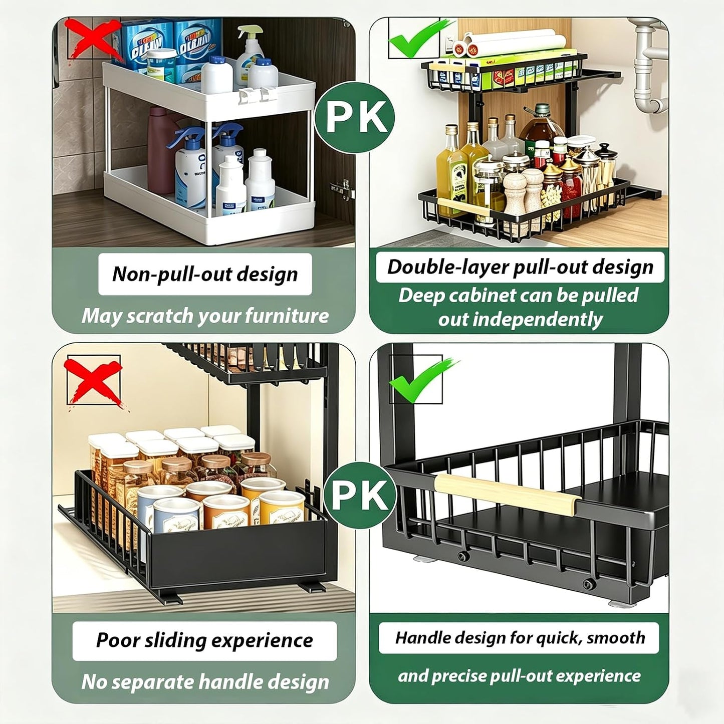 2 Pack Under Sink Organizer, 3-Tier Pull Out Kitchen Cabinet Organizer with 5 Adjustable Heights Metal Slide Out Bathroom Storage Makeup Drawer Rack for Bedroom Office Pantry Home Organization, White