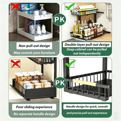 2 Pack Under Sink Organizer, 3-Tier Pull Out Kitchen Cabinet Organizer with 5 Adjustable Heights Metal Slide Out Bathroom Storage Makeup Drawer Rack for Bedroom Office Pantry Home Organization, White