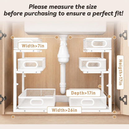 3-Tier Under Sink Organizer 2-Pack Thickened Metal Pull out Cabinet Shelf Height Adjustable Slide Out Drawer Storage Rack for Bathroom Kitchen Pantry Laundry Home Office Organization (Black)