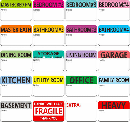 Hebayy 500 pcs 20 Designs Pre-Printed Color-Coded Home Moving Packing Box Labels with Writable Notes Areas, Each Measures 2” x 3”