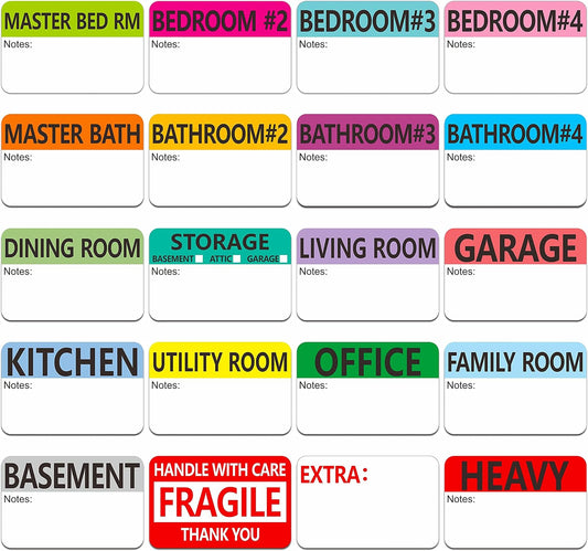 Hebayy 500 pcs 20 Designs Pre-Printed Color-Coded Home Moving Packing Box Labels with Writable Notes Areas, Each Measures 2” x 3”