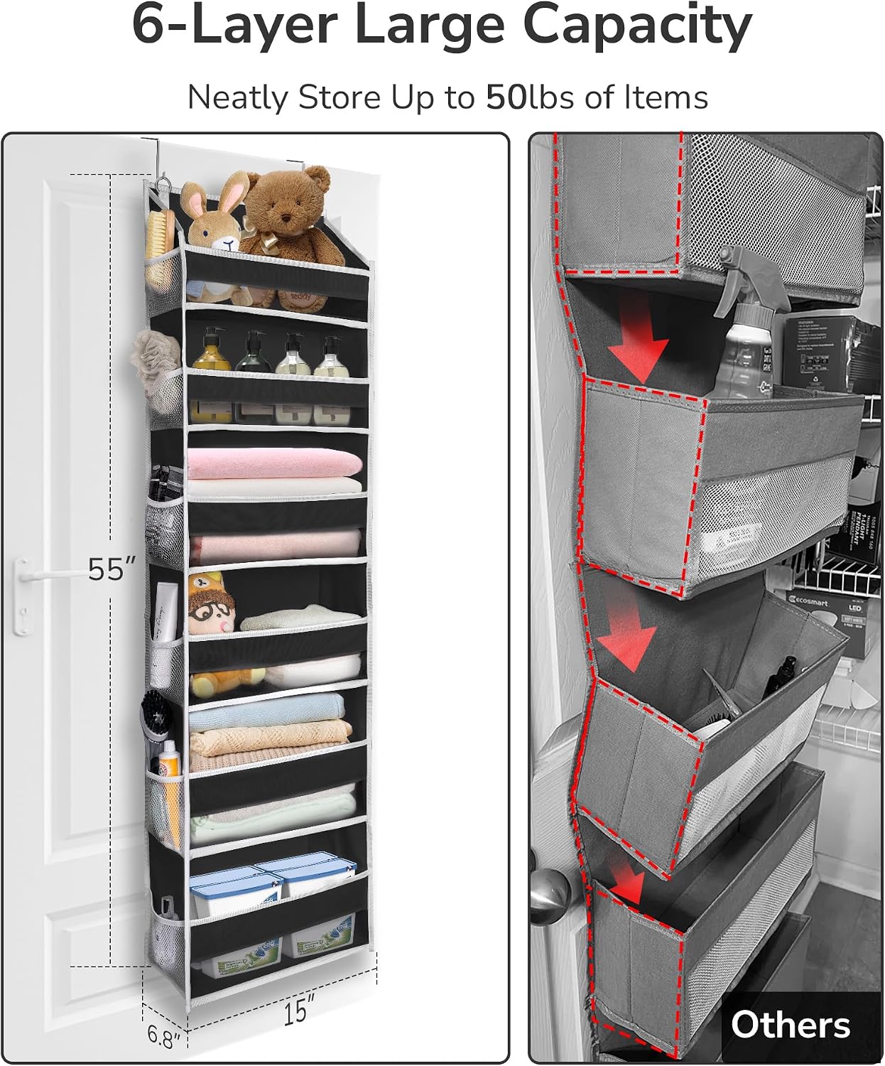 ULG Over the Door Organizer, 5-Tier Extra Large Hanging Storage with 10 Mesh Pockets, 100 lbs Capacity, Heavy Duty Door Organizer for Closet, Bedroom, Nursery Storage, Beige